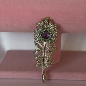 Swarovski Crystal Peacock Feather Brooch - Vintage Rhodium Plated Pin